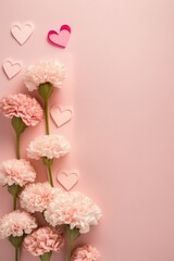 Mother's Day concept. Top vertical view flat lay of delightful carnation flowers, and pink paper hearts on a soft pastel pink background with, Generative AI