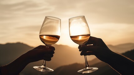Friends raising their glasses in a toast with wine, against the backdrop of a stunning sunset. Reflects the warmth of friendship and the beauty of shared moments. AI-generated.