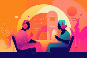 A Fantastic Futuristic Illustration of a Vibrant Podcast in a Colorful Landscape Bathed in Sunny Light