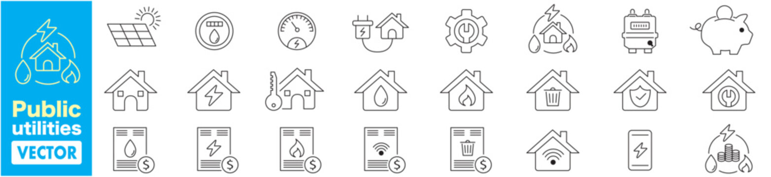 Public utilities, electricity, Gas, water, heating, line icons vector illustration editable stroke. 