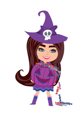 sweet witch standing with pumpkin full of candy - 605341925