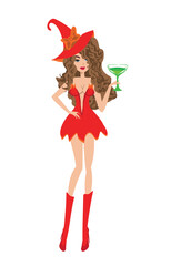 Beautiful sexy girl witch in a red dress  - illustration isolated from background - 605341930