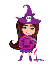 sweet witch standing with pumpkin full of candy - 605341945
