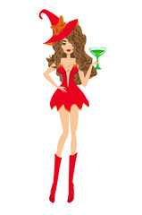 Beautiful sexy girl witch in a red dress  - illustration isolated from background - 605341952