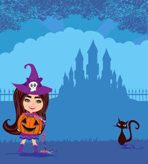 cute little witch with candy and cat - 605341966