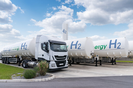 Truck with hydrogen tank trailers. Hydrogen transportation concept