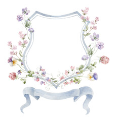 Watercolor Crest with Wildflowers on the white Background. Wedding Design. - 605342101