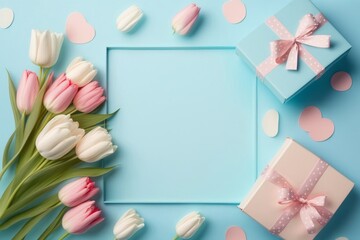 Mother's Day concept. Top view photo of white and pink tulips blue present boxes with ribbon bows and sprinkles on isolated pastel blue background with empty space in the, Generative AI