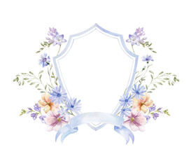 Watercolor Crest with Wildflowers on the white Background. Wedding Design. - 605342160