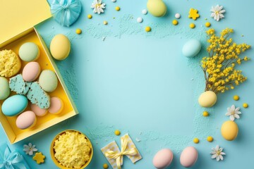 Naklejka na ściany i meble Easter concept. Top view photo of yellow present boxes plate with easter eggs mimosa flowers chicken baking molds and sprinkles on isolated pastel blue background with empty space in the, Generative A