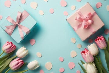 Mother's Day concept. Top view photo of white and pink tulips blue present boxes with ribbon bows and sprinkles on isolated pastel blue background with empty space in the, Generative AI