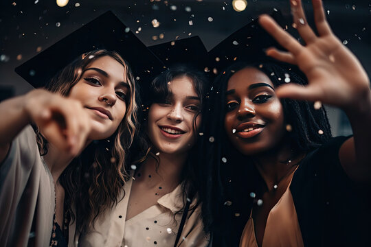 Students taking selfie while celebrating the graduation. AI generative