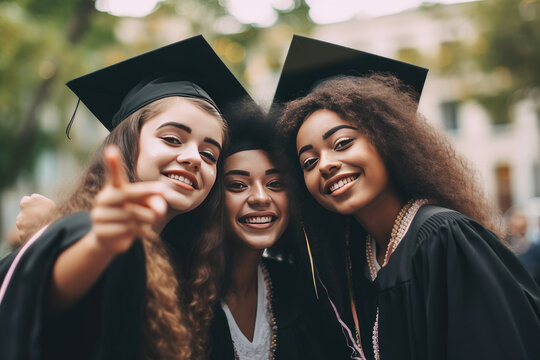 Students taking selfie while celebrating the graduation. AI generative