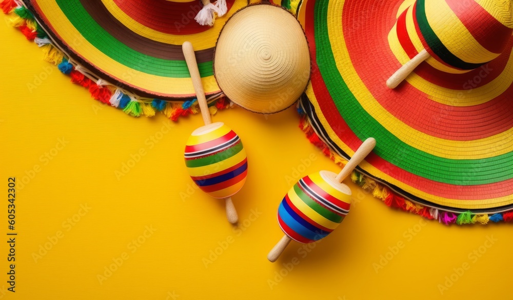 Wall mural Cinco-de-mayo party concept. Top view photo of mexican traditional headwear sombrero colorful striped poncho and couple of maracas on isolated vibrant, Generative AI