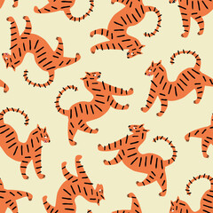 Wild tigers hand drawn vector illustration. Funny cat animal seamless pattern for kids fabric or wallpaper.