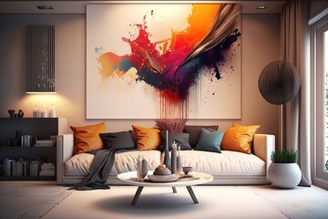 Modern interior design of the living room with a picture on the wall