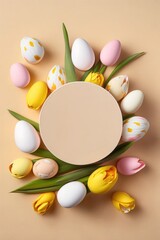 Naklejka na ściany i meble Easter concept. Top view vertical photo of white circle colorful easter eggs in bowl ceramic easter bunnies yellow and pink tulips on isolated pastel beige background with blank, Generative AI