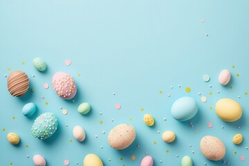 Fototapeta na wymiar Easter celebration concept. Top view photo of colorful easter eggs with creative design and sprinkles on isolated pastel blue background with blank, Generative AI