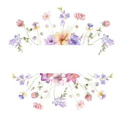 Watercolor Frame with Wildflowers on the white Background. Summer Illustration