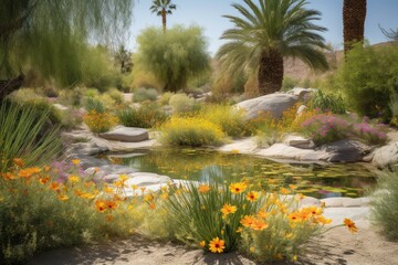 Fototapeta na wymiar desert oasis, with close-up of colorful blooms and greenery, created with generative ai