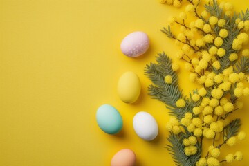 Fototapeta na wymiar Easter decorations concept. Top view photo of colorful easter eggs and mimosa flowers on isolated yellow background with empty space, Generative AI