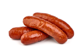 Smoked german sausages, isolated on white background.