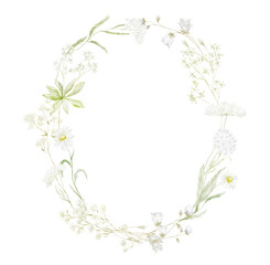 Watercolor Frame with Wildflowers on the white Background. Summer Illustration - 605343167