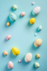 Obraz na płótnie Canvas Easter atmosphere concept. Top view vertical photo of colorful easter eggs on isolated pastel blue background with copyspace in the middle, Generative AI