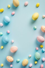 Easter atmosphere concept. Top view vertical photo of colorful easter eggs on isolated pastel blue background with copyspace in the middle, Generative AI