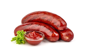 Grilled german bratwurst sausages, isolated on white background.