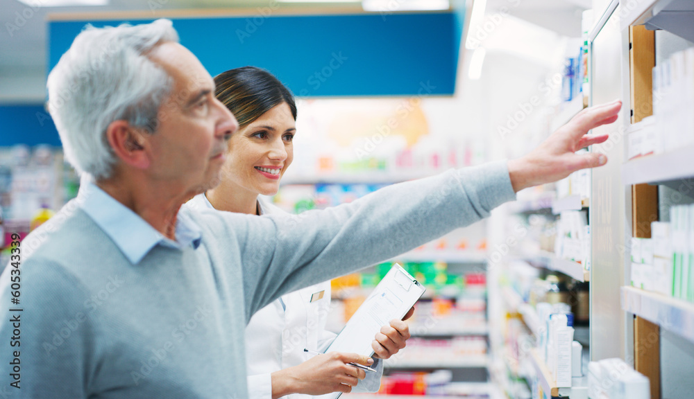 Poster Store shelf, senior customer and pharmacy woman, advice and recommendation of pills choice, medicine or product. Elderly patient, service client and female pharmacist helping old man with decision