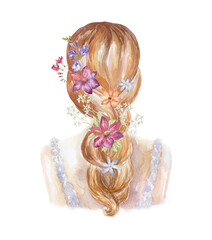 Watercolor Woman Head with Bride Hairstyle and Wildflowers. Wedding Design.