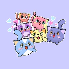 funny crowd of fat cats, funny cats, flock of cats, illustration of colored happy round cats, 2d illustration animal 