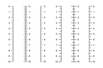 Vertical ruler scale with 10 centimeters markup. Measuring chart. Distance, height or length measurement math or sewing tool. Vector graphic illustration.