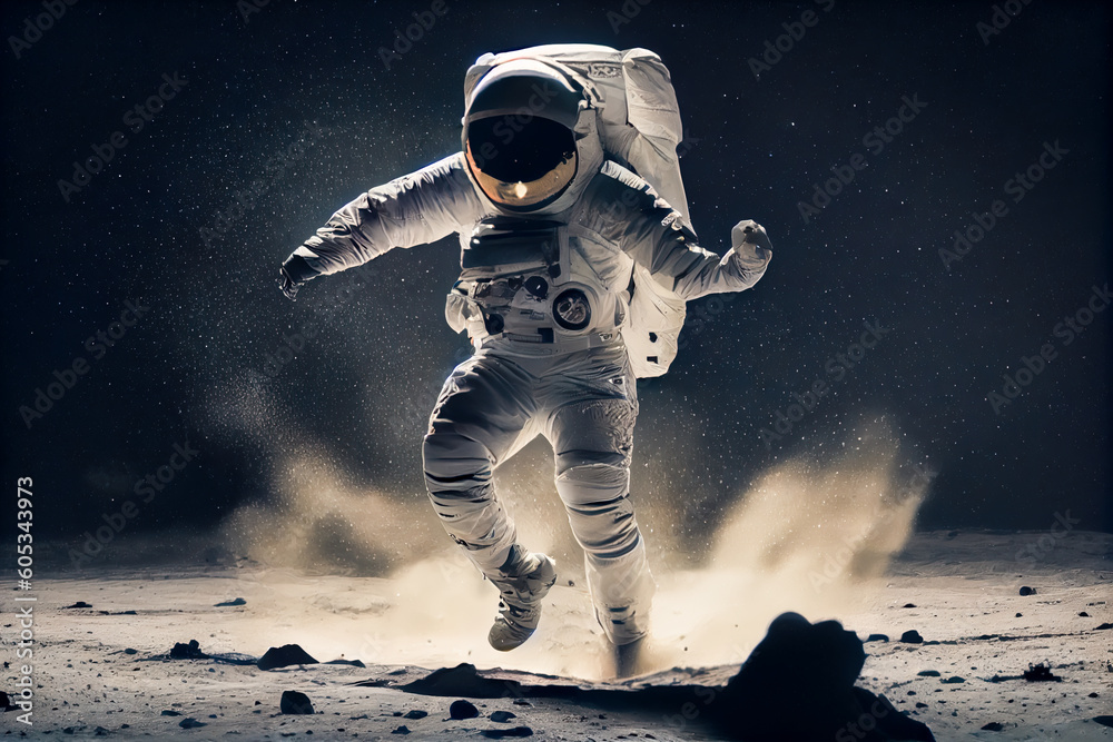 Wall mural Astronaut in space suit running on dark background. Generative AI