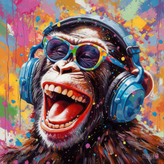 illustration of happy young chimpanzee bursting with joy and bright colors, monkey - Generative AI