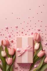 Mother's Day mood concept. Top view vertical photo of pink tulips present boxes with ribbon bows and scattered sprinkles on isolated pastel pink background with blank, Generative AI