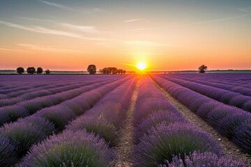 Plakat lavender field at sunrise, with the sun peeking above the horizon, created with generative ai