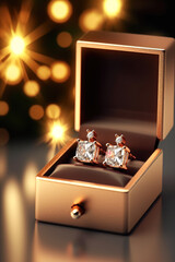 Gold earrings with diamonds in a jewelry box, against the backdrop of sparkling bokeh. Gift for new year and christmas. Generative AI