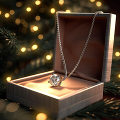 Necklace in white gold with a diamond in an open gift box on the background of a Christmas tree with lights. Gift for new year and christmas. Generative AI