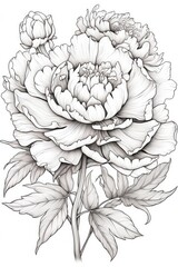 Outline pencil drawing, beautiful peony, coloring page, cartoon digital illustration