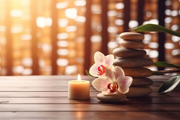 Spa concept scene with stack of massage stones, candle, orchid and lights on background. Generative AI.