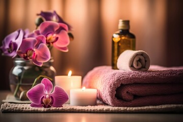 Obraz na płótnie Canvas Cozy spa composition with towel, candles, orchid and massage oil. Generative AI.