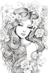 Outline pencil drawing, a girl  with a flower wreath on his head, coloring page, cartoon digital illustration