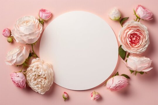 Saint Valentine's Day concept. Top view photo of white empty circle and spring flowers pink peony roses on isolated pastel pink background with empty, Generative AI
