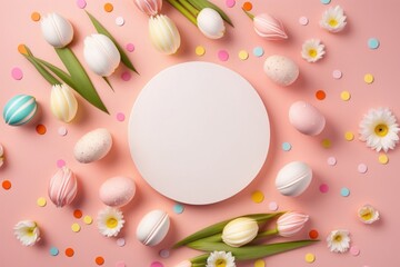 Fototapeta na wymiar Easter concept. Top view photo of white circle bouquets of fresh tulips with silk ribbon colorful easter eggs and sprinkles on isolated pastel pink background with, Generative AI