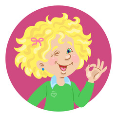 Portrait of a cute girl with blond curly hair showing gesture okay. Avatar icon in cartoon style. Isolated on white background. OK sign. Vector flat illustration.