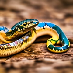 Fototapeta premium close up of a snake in blue and yellow colours