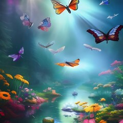 fantasy forest with river, flowers and butterflies 