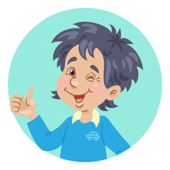 Avatar icon of a happy boy with black hair showing thumb up. Portrait in cartoon style. Isolated on white background. Vector flat illustration.